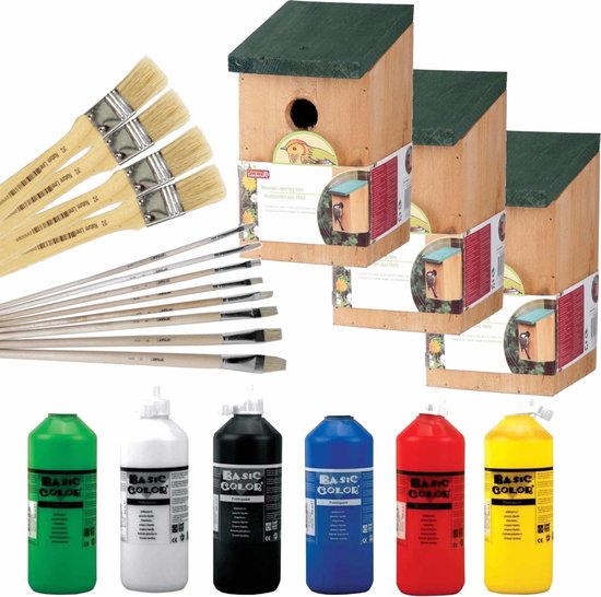 10x stuks vogelhuisjes/nestkastjes 22 cm – Zelf schilderen pakket – verf/kwasten – Kinder feestje/verjaardag activiteiten