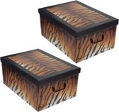 2x stuks opbergdoos/opberg box van karton met tijgerprint 51 x 37 x 24 cm - Inhoud 45 liter - Doos met deksel en handvatten