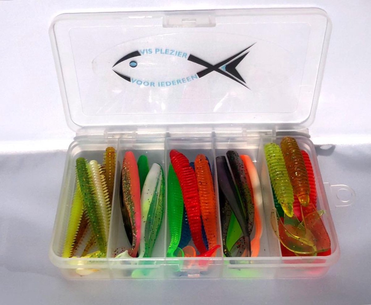 Vis-Plezier 25-delige shad kunstaas set hengelsport kunstaas voor snoek, baars en snoekbaars