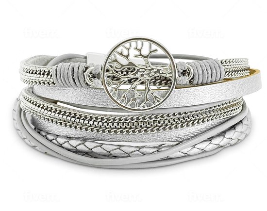 Armband dames zilver met levensboom leer Galeara design 21.5cm