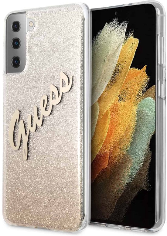Guess Glitter Vintage Backcase hoesje Samsung S21 Plus Goud