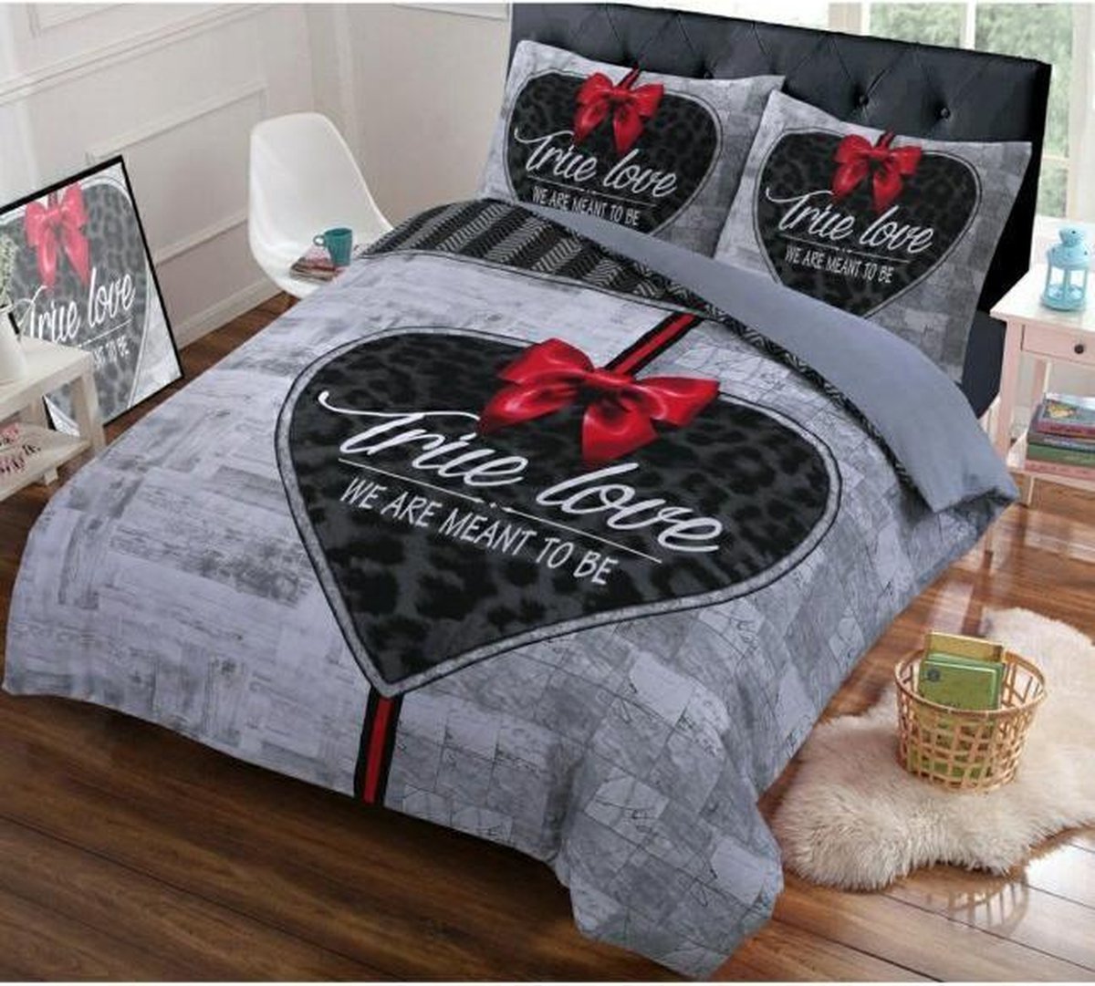 Dekbedovertrek True Love -Eenpersoons 140x200/220 - Hart Met Strik - Grijs/Antraciet