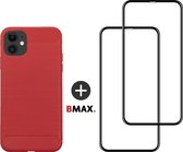 BMAX Telefoonhoesje voor iPhone 11 - Carbon softcase hoesje rood - Met 2 screenprotectors full cover