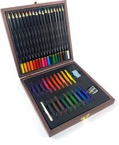 WDMT™ Professionele houten tekenkoffer | 40 deling | Houten koffer | verschillende kleuren potloden, krijtjes en opbergkoffer | Limited edition