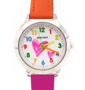 Horloge hart-oranje en roze- kinderen- lederen bandje- extra batterij- Charme Bijoux