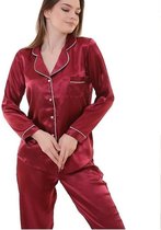 Satijn Dames 2- Delige -Pyjama- Luxe Pyjamaset- Nachtkleding Bordeaux Maat L