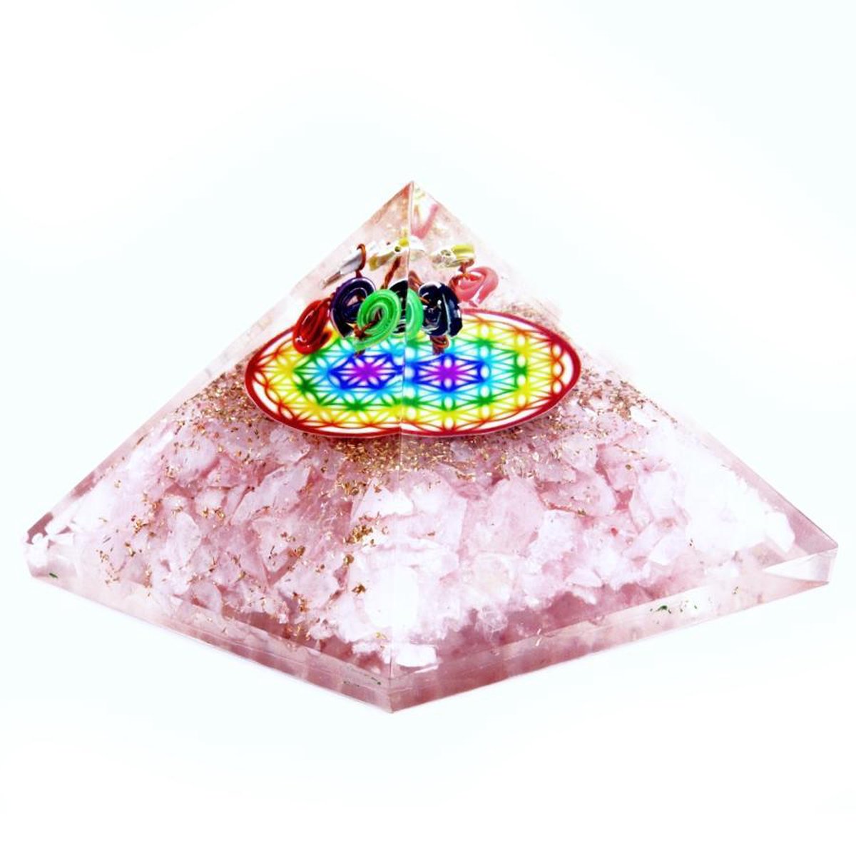 Ancient Wisdom Orgonite Piramide - Rozenkwarts Regenboogbloem des Levens - 70 mm