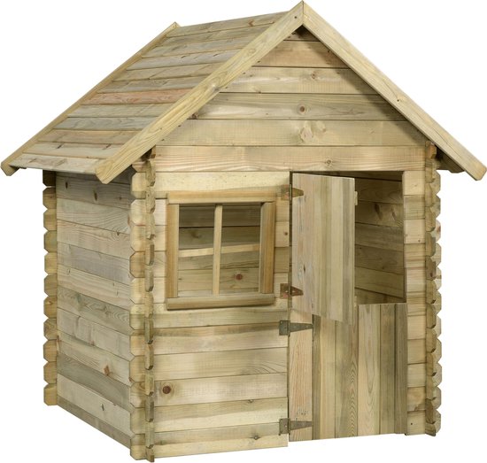 Houten speelhuisje met zadeldak, raam en open deur.