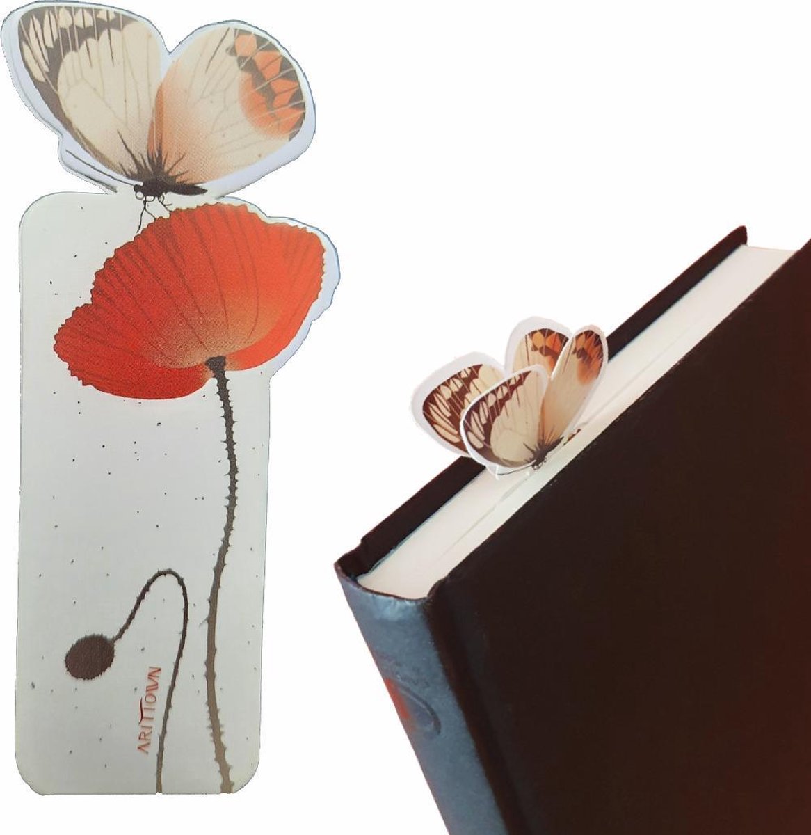 Boekenlegger Vlinder & Bloem – Bladwijzer - Bookmark – Kaartje – Klaproos - Kleine Cadeautjes