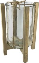 Glazen vaas op houten voet van WDMT™ | 19 x 27,5 cm | Glazen kaarsenhouder met een houten frame | Lantaarn, windlicht of kaarsenhouder | Bruin