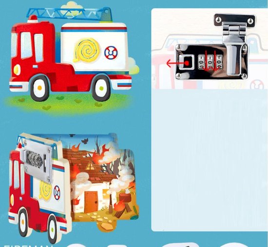 Thumbnail van een extra afbeelding van het spel Onshine Grendelbord - Groot speelbord deuren en sloten met Speciaal werkend voertuig: graafmachine, ambulance, brandweerwagen, politieauto - Speelbord met sloten en vergrendelingen bord met sluitingen - Slot en Grendel Stadsverkeer - Montessori toys