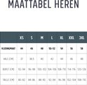 Maattabel heren met kledingmaten, hals, borst en taille afmetingen.