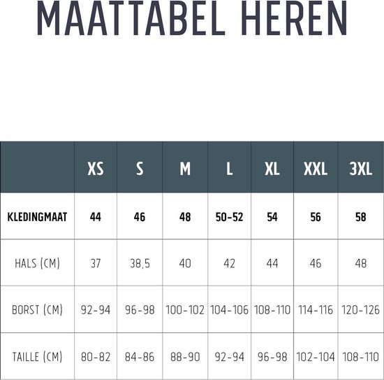 Maattabel heren met kledingmaten, hals, borst en taille afmetingen.