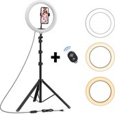 LED Ringlamp met statief & Afstandsbediening , Telefoonhouder 26 cm/10 inch ringlamp - 186cm (verstelbaar) - USB - TikTok - YouTube - Vlog - Ringlight - flitser - Ring lamp - Ringlamp telefoo