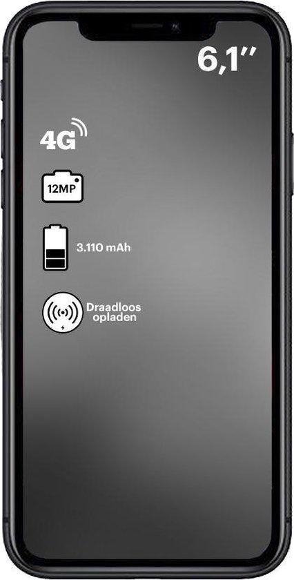 Zwarte iPhone 11 met specificaties op het scherm: 6,1 inch, 4G, 12MP camera, 3.110 mAh batterij en draadloos opladen.