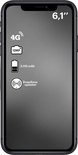 Zwarte iPhone 11 met specificaties op het scherm: 6,1 inch, 4G, 12MP camera, 3.110 mAh batterij en draadloos opladen.