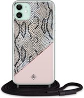 iPhone 11 hoesje met koord - Snake print roze | Apple iPhone 11 crossbody case | Zwart, Transparant | Slangenprint