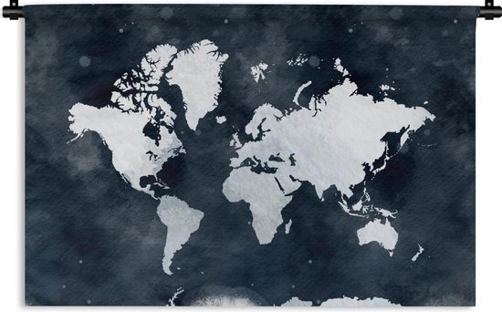 Wandkleed WereldkaartenKerst illustraties - Lichtblauwe en witte wereldkaart voor een achtergrond van donkerblauwe waterverf Wandkleed katoen 60x40 cm - Wandtapijt met foto