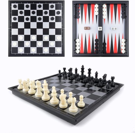 Thumbnail van een extra afbeelding van het spel 3 in 1 Magnetisch Schaakspel - Dammen - Backgammon - Schaakbord met Schaakstukken - Reiseditie - Opklapbaar - Dambord met Damstenen - Bordspel