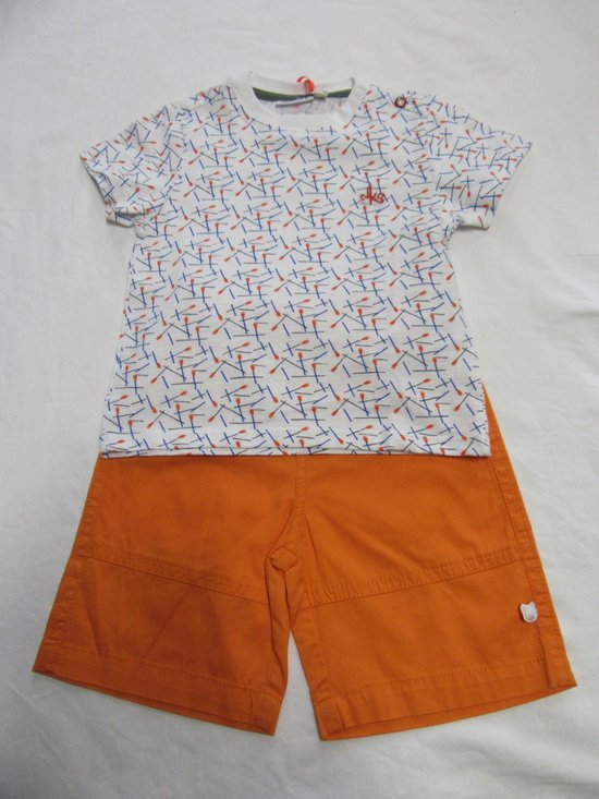 noukie's , kledingset , jongen, tshirt gebroken wit , short orange  18 maand