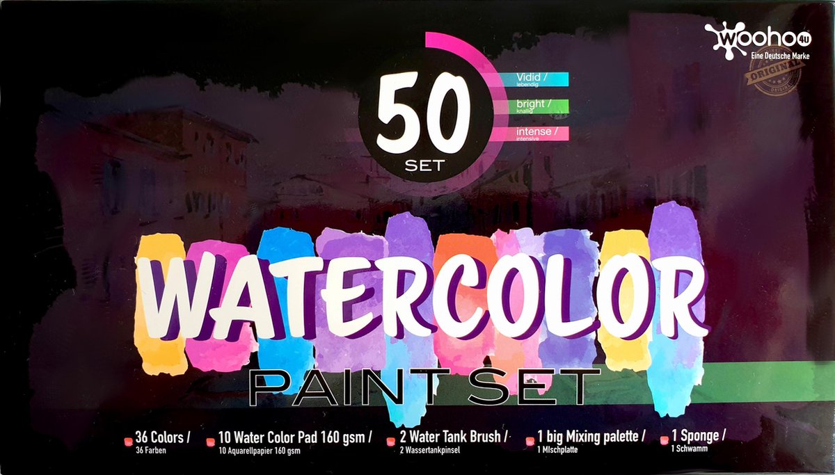 50set Aquarelverf - 36 kleuren - 2 watertank borstels - 10 stuks aquarel papier wit - 1 mengpalet - 1 sponsje - 1 box - woohoo4u