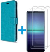 hoesje Geschikt voor: Sony Xperia 5 II book case turquoise met 2 stuks Glas Screen protector