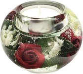 waxinelichthouder met rode bloemen - 6x8 cm handgemaakte glazen waxinelicht houder - sfeervolle windlicht decoratie