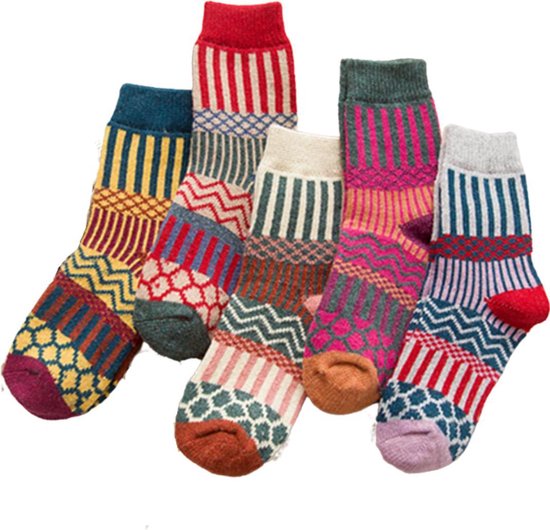 het laatste steek B olie Winkrs - Sokken set - 5 paar Vintage sokken met diverse kleuren, streepjes  en figuren... | bol.com