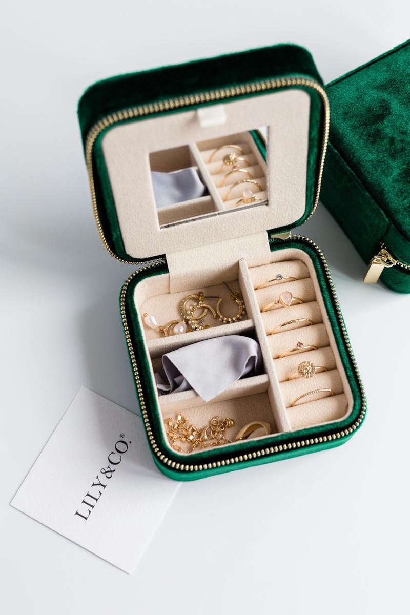 Lily&Co® Luxe Sieradendoosje Voor Op Reis - Compacte Sieraden Box - Cadeau Voor Haar - 10x10x5cm - Groen - Lily & Co®