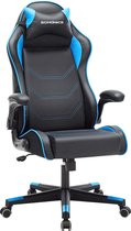 Gamingstoel, racestoel, ergonomische bureaustoel, bureaustoel met hoofdsteun en verstelbare armleuningen, in hoogte verstelbaar, stalen frame, kunstleer, zwart-blauw