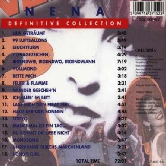 Achterkant van Nena's albumhoes met tracklist en informatie.