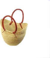 Rieten boodschappen tas naturel met rood leren hengsels Bolgatanga