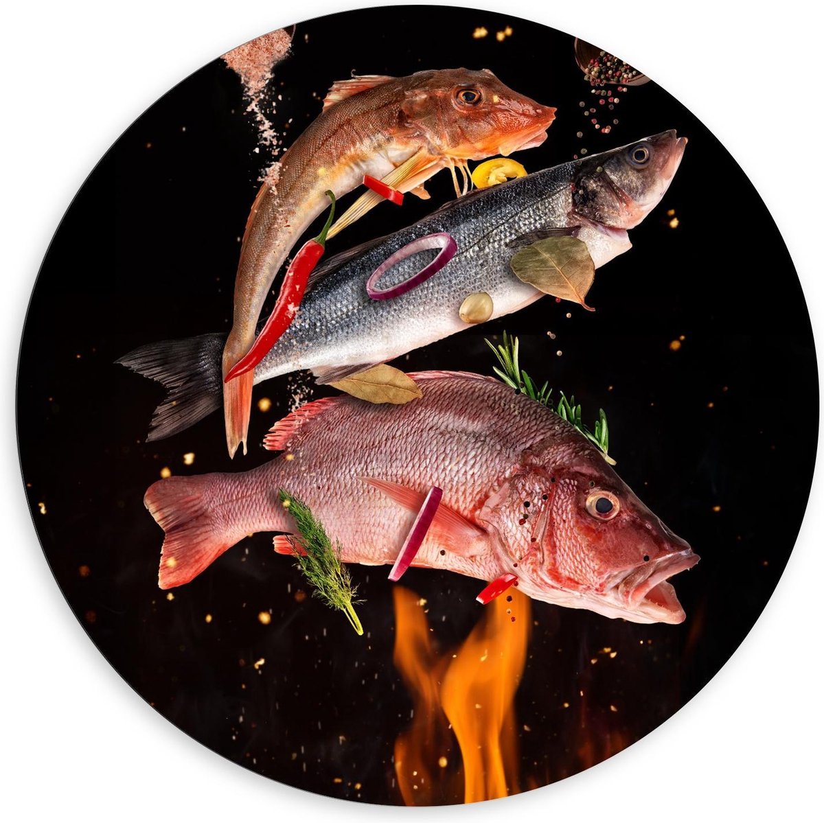 Dibond Wandcirkel - Vissen met Specerijen op de BBQ - 120x120cm Foto op Aluminium Wandcirk