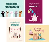 Verjaardagskaarten - 8 stuks - formaat ansichtkaart - thema kat en tekst 'Gelukkige miauwdag' en 'Hieperdepiep miauw!'