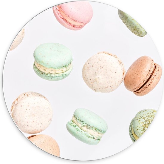 Forex Wandcirkel - Verschillende Kleuren Macarons - 70x70cm Foto op Wandcirkel (met ophangsysteem)