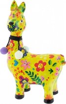 Spaarpot lama/alpaca geel met gekleurde bloemen print 23 cm - Pomme-Pidou dieren spaarpotten van porselein