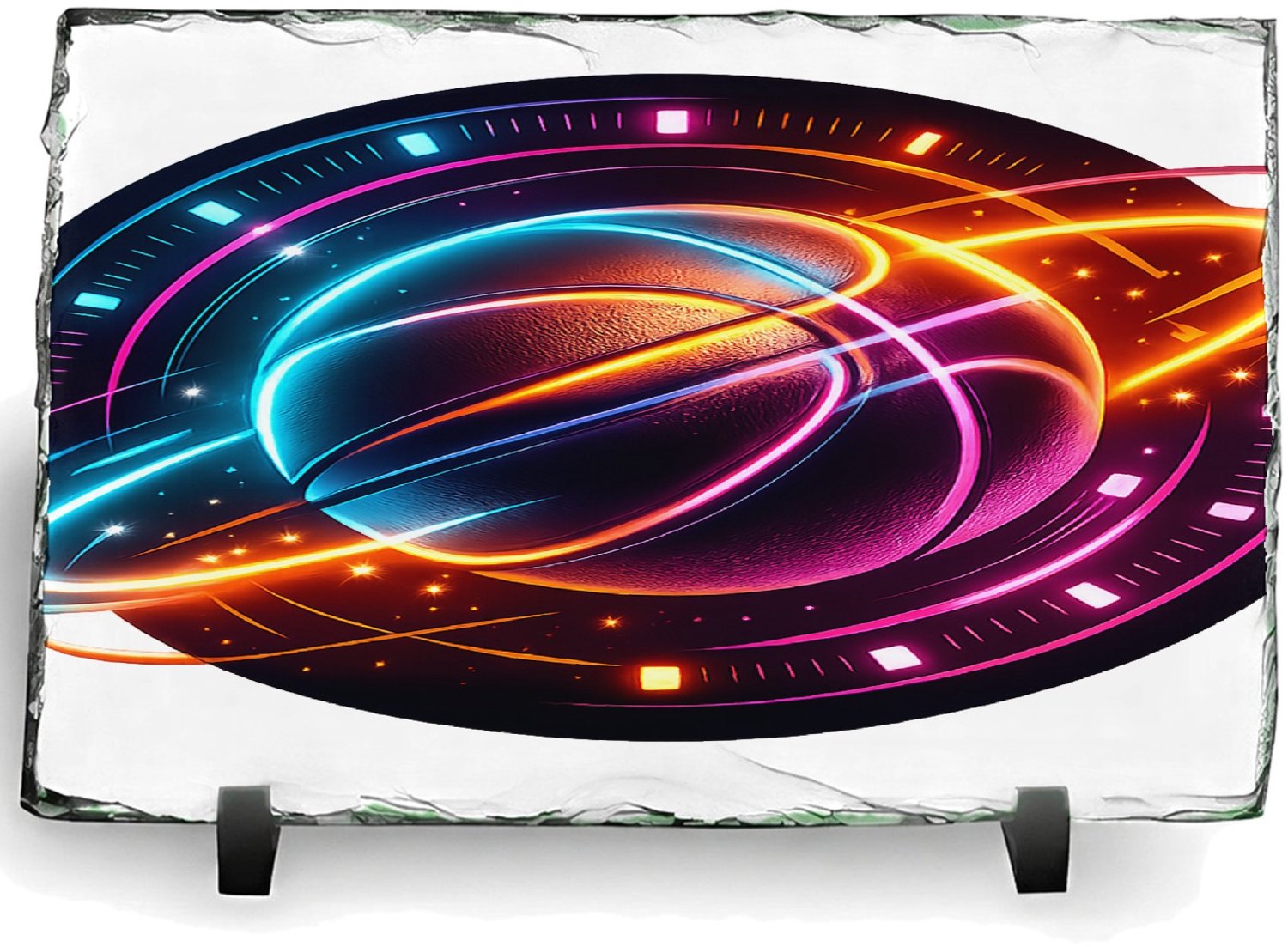 Mr Cadeautjes Leisteen rechthoek 14 x 19,5 - design Neon sportenergie met een dynamisch object in het midden | cadeau Wit