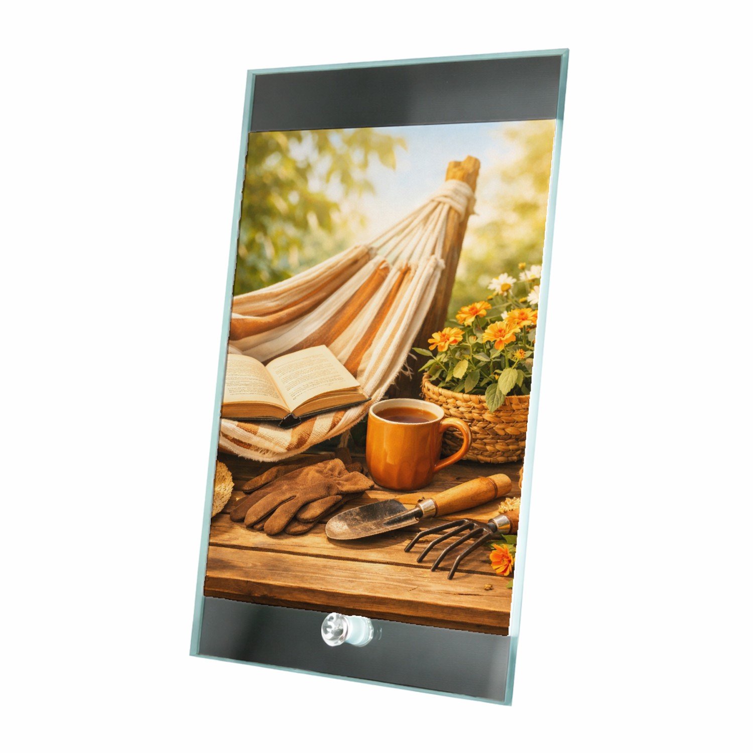 Mr Cadeautjes Glasframe 15 x 23 - design Een tuinbank of hangmat in een rustige tuin met hobbyspullen | cadeau Wit