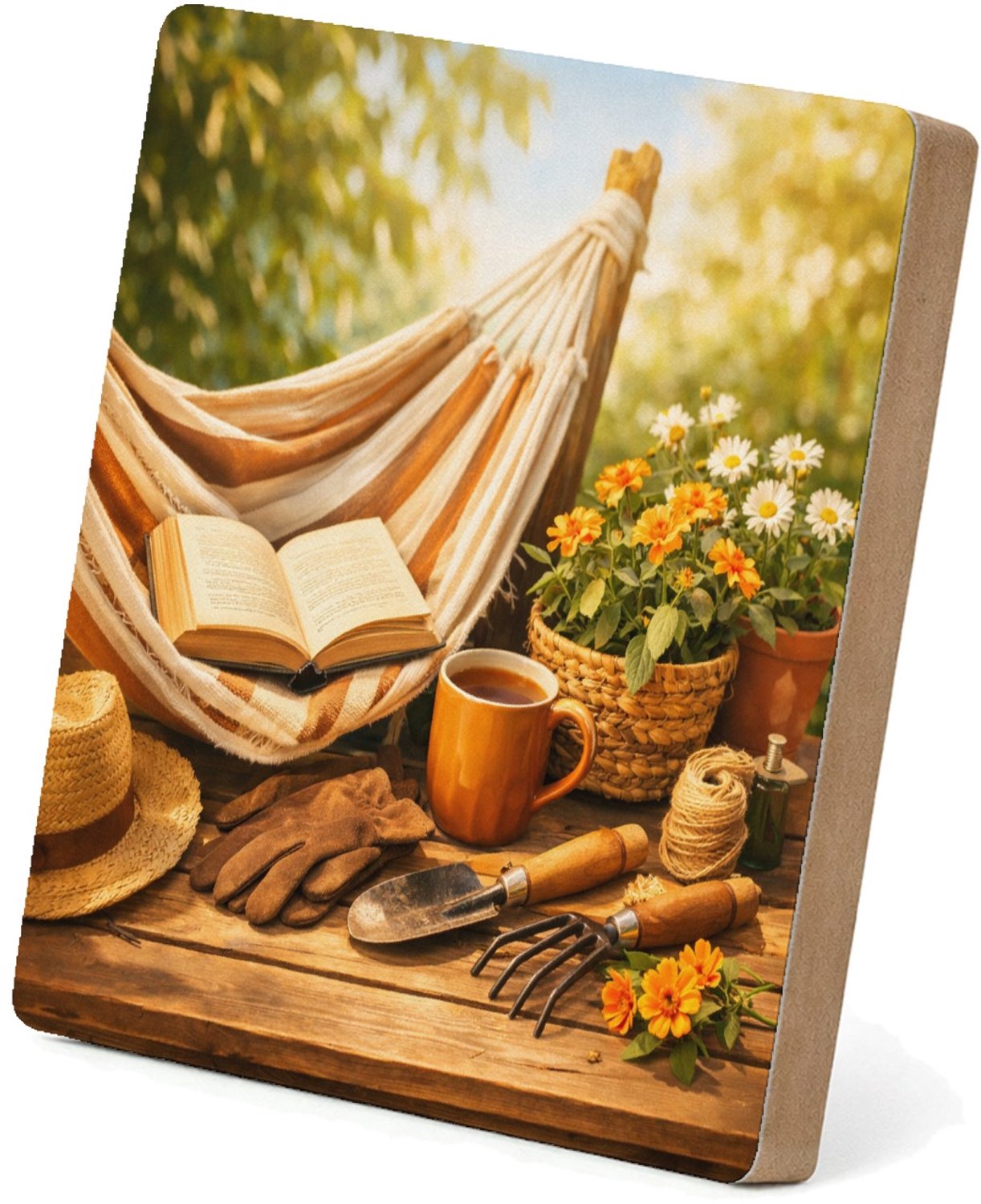 Mr Cadeautjes MDF staande fotolijst 15,2 x 15,2 - design Een tuinbank of hangmat in een rustige tuin met hobbyspullen | cadeau Wit