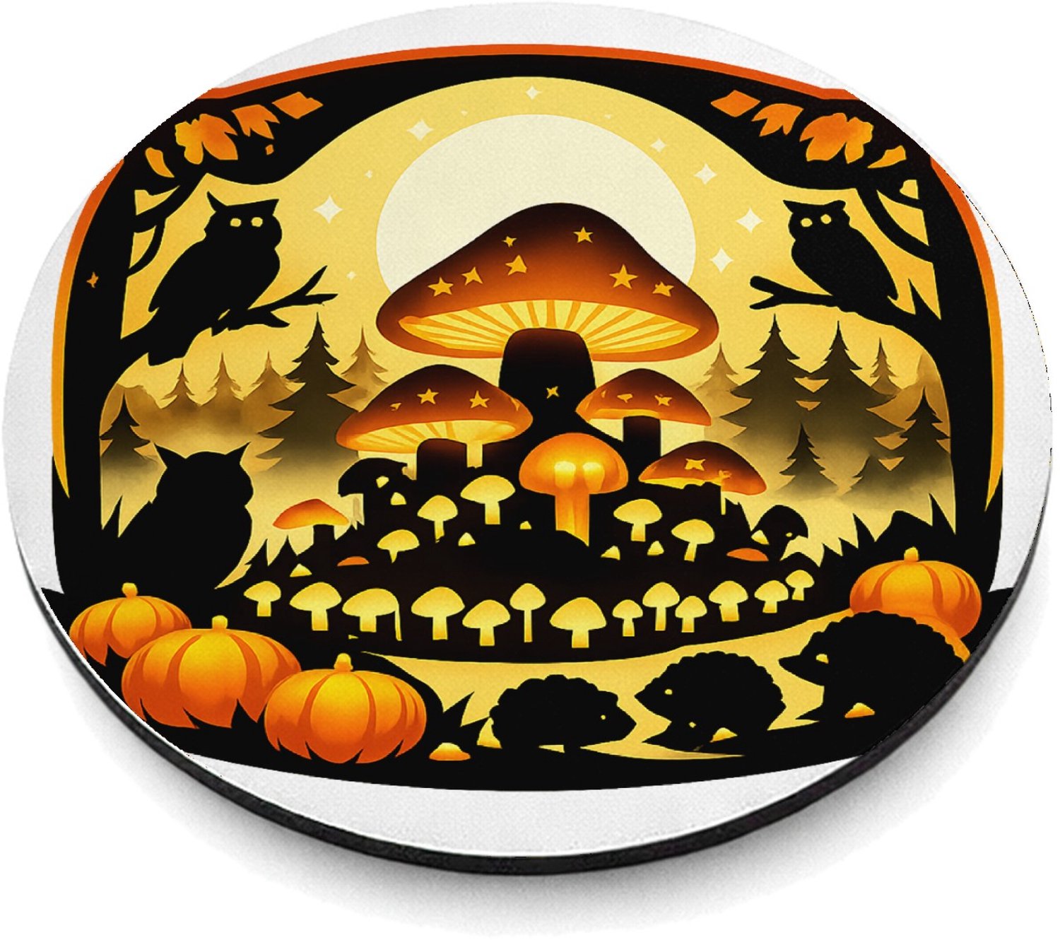 Mr Cadeautjes MDF magnetische fotolijst rond Ø 9,5 - design Herfstbos met een grote gloeiende paddenstoelheuvel en klein | cadeau Wit