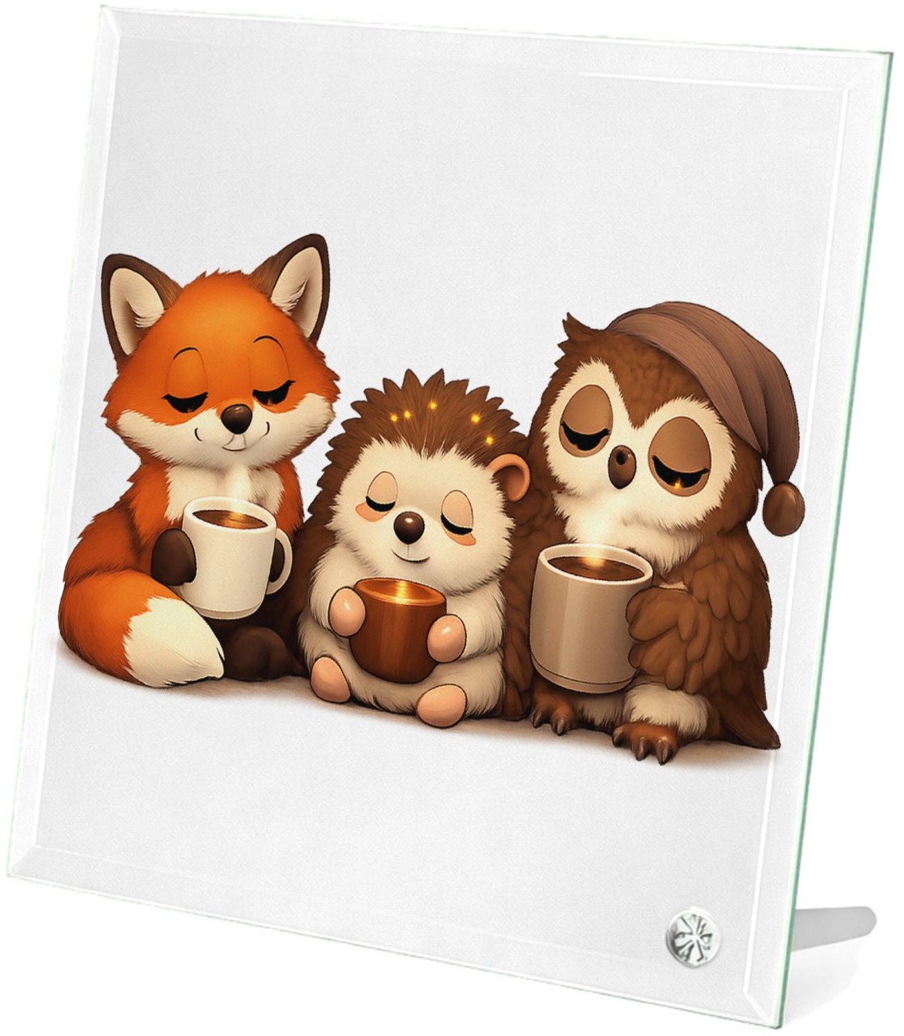 Mr Cadeautjes Glasframe 20 x 20 - design Een warme reeks van slaperige bosdieren met een ochtenddrank | cadeau Wit