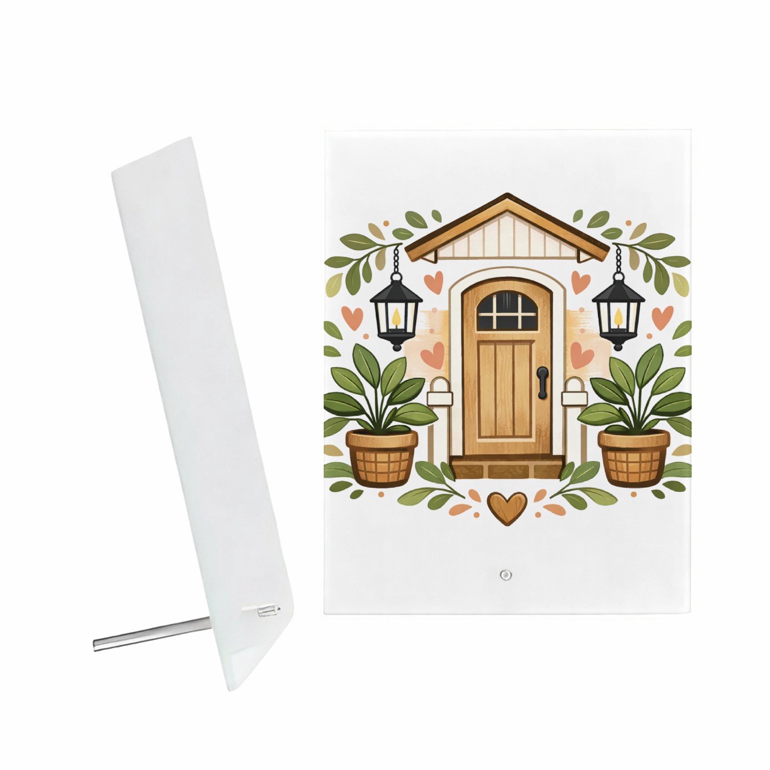 Mr Cadeautjes Glazen fotopaneel Familie-entree met speelse botanische omlijsting - 15 x 20 cm, staand - glas, decoratie, wanddecoratie | cadeau Wit