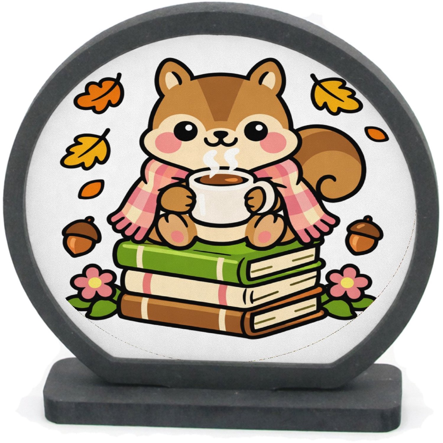 Mr Cadeautjes Houten fotolijst rond met MDF inleg - design Schattige dierlijke pauze met warme drank en positieve chaos | cadeau Wit