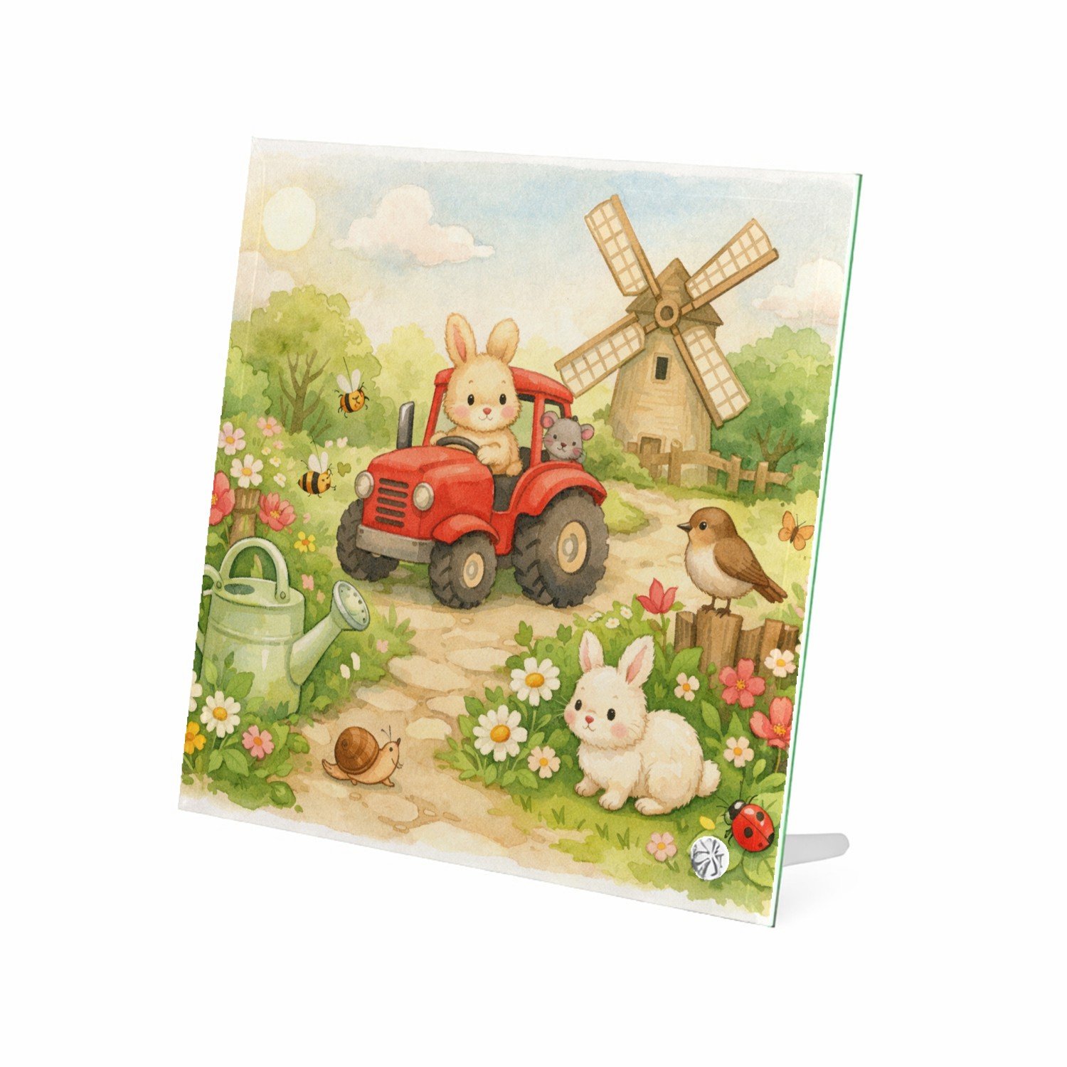 Mr Cadeautjes Glasframe 20 x 20 - design Een vrolijke tuinscène met een gieter, bijen, bloemen en kle | cadeau Wit