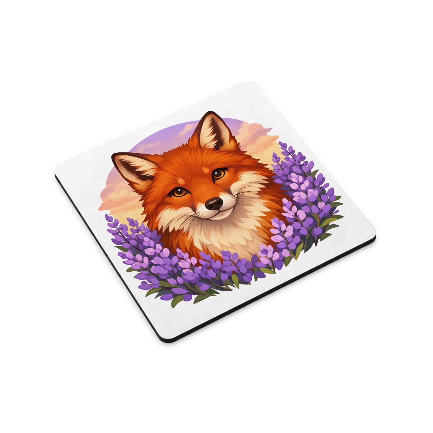Mr Cadeautjes MDF magnetische fotolijst vierkant 9,5 - design Frontaal portret van een vos in een veld van paarse bloemen | cadeau Wit