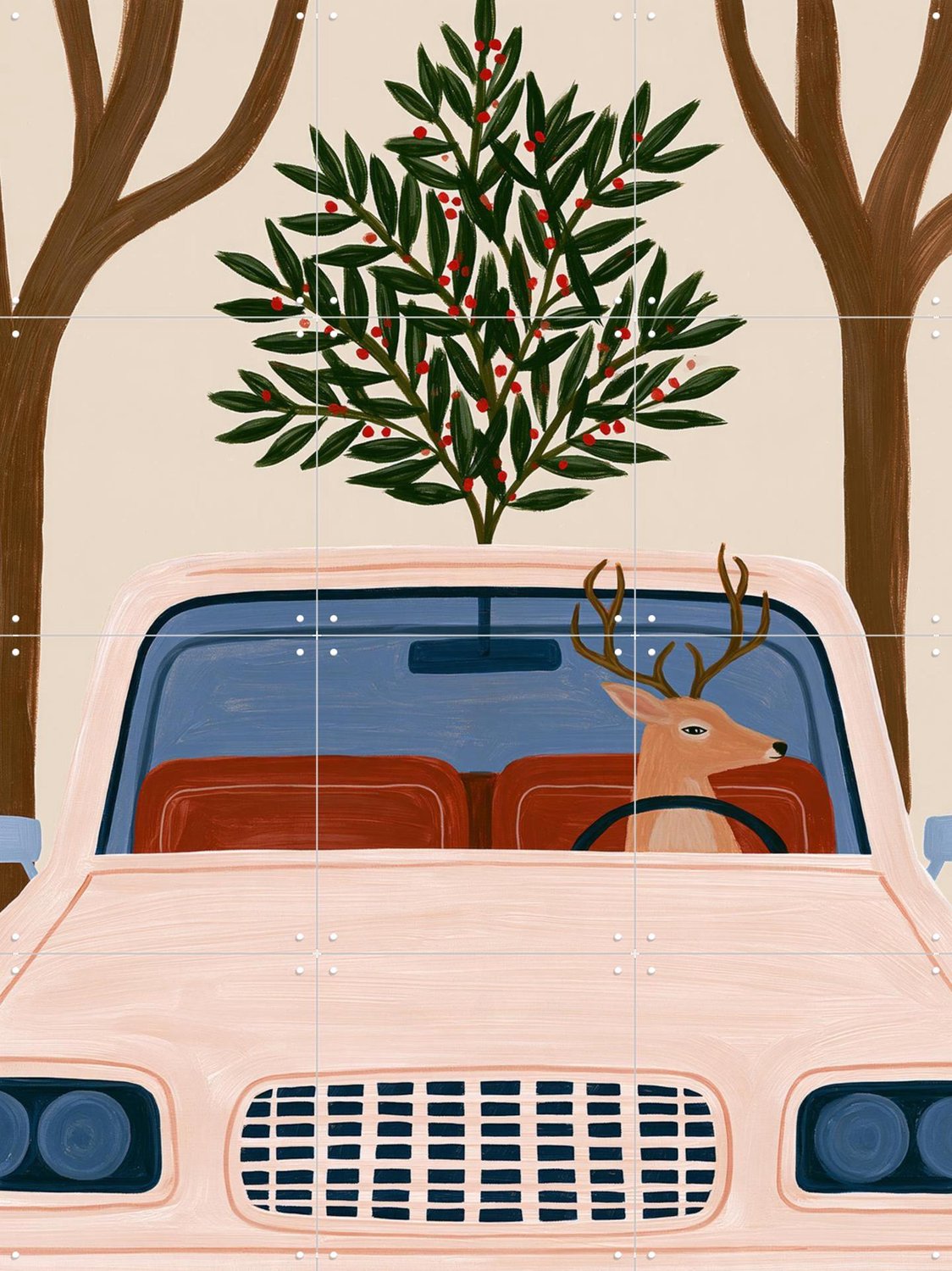 IXXI Driving Home, Atelier Pommeline - 60 x 80 cm - Grote wanddecoratie en posters - Cartoonesk, Woonkamer, Slaapkamer, Voertuigen, Dieren, Kerst Roze / Beige
