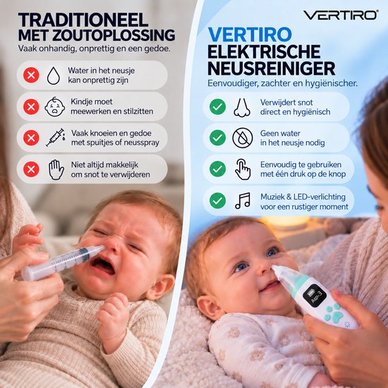 Vergelijking van traditionele neusspray en de Vertiro elektrische neusreiniger bij een baby.