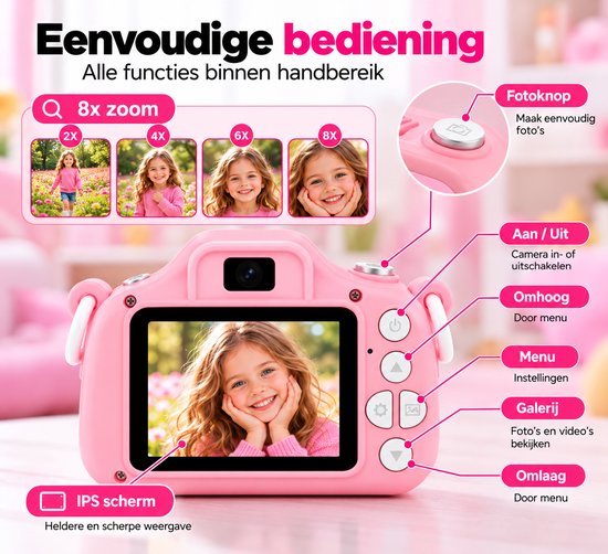 Roze Novaro kindercamera met 8x zoom functie, IPS scherm en duidelijke knoppen voor eenvoudige bediening.