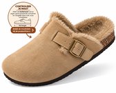 Dames Clogs – Warme Gevoerde Clogs met Gesp – Pantoffels – Stevige Zool – Khaki - maat 36 - Voetlengte 25 cm -