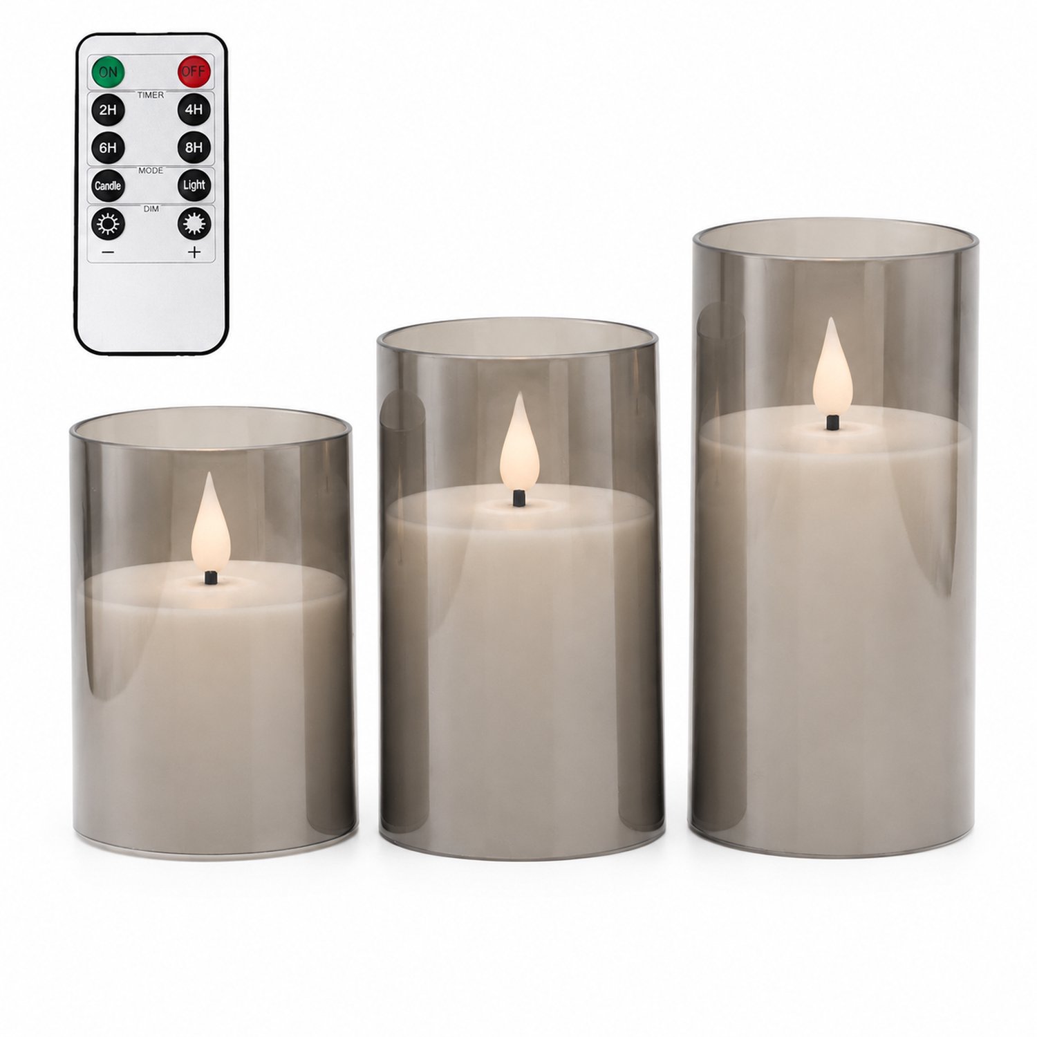 SWGOTA led kaarsen, 3 stuks per doos, grijs, druppelvormige vlamtop, drie hoogtes, met kleine afstandsbediening en 1 knoopcel voor de afstandsbediening